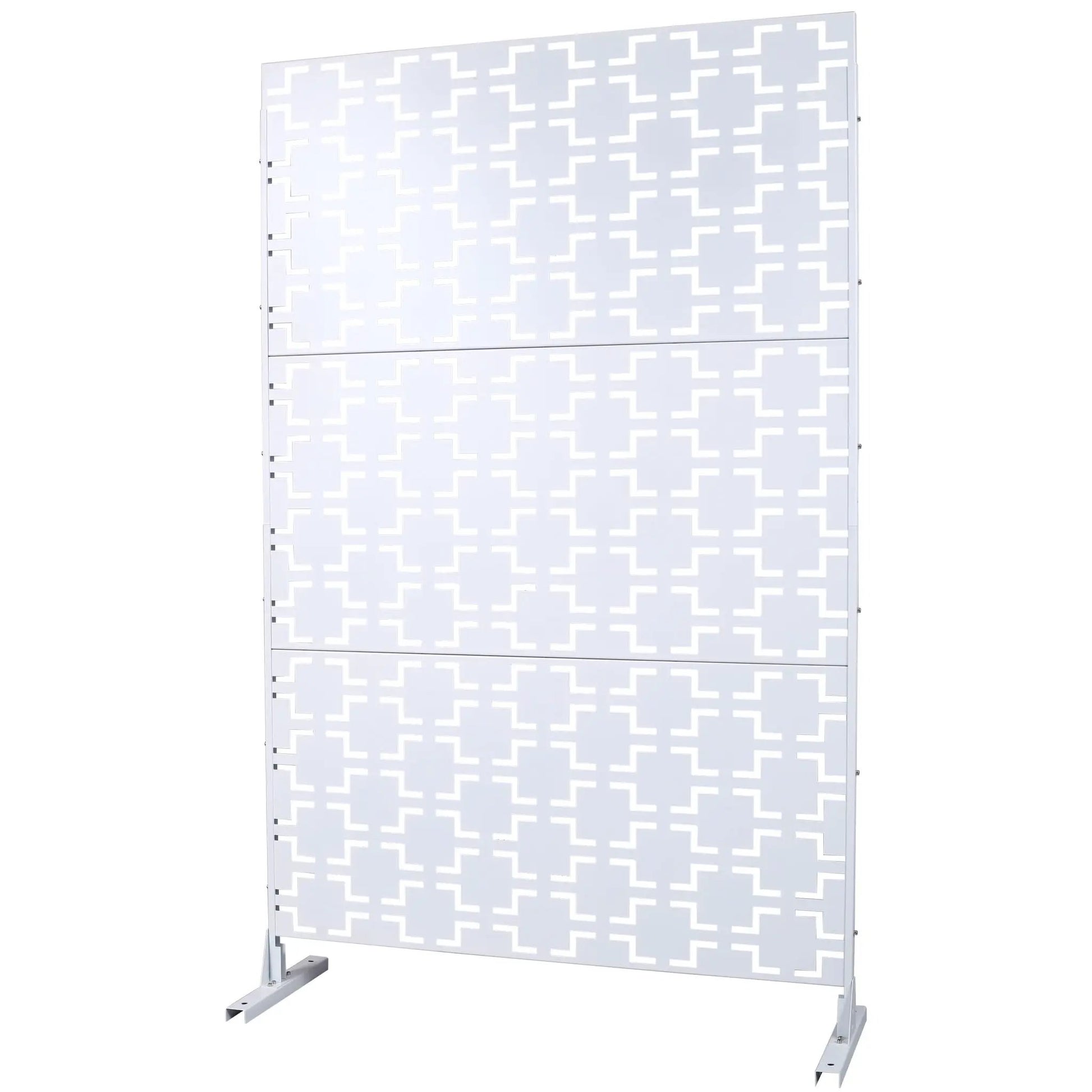 Outdoor metal privacy screen with gray panels and white cutouts Unique Piece Furniture on Tampa Home & Garden Store