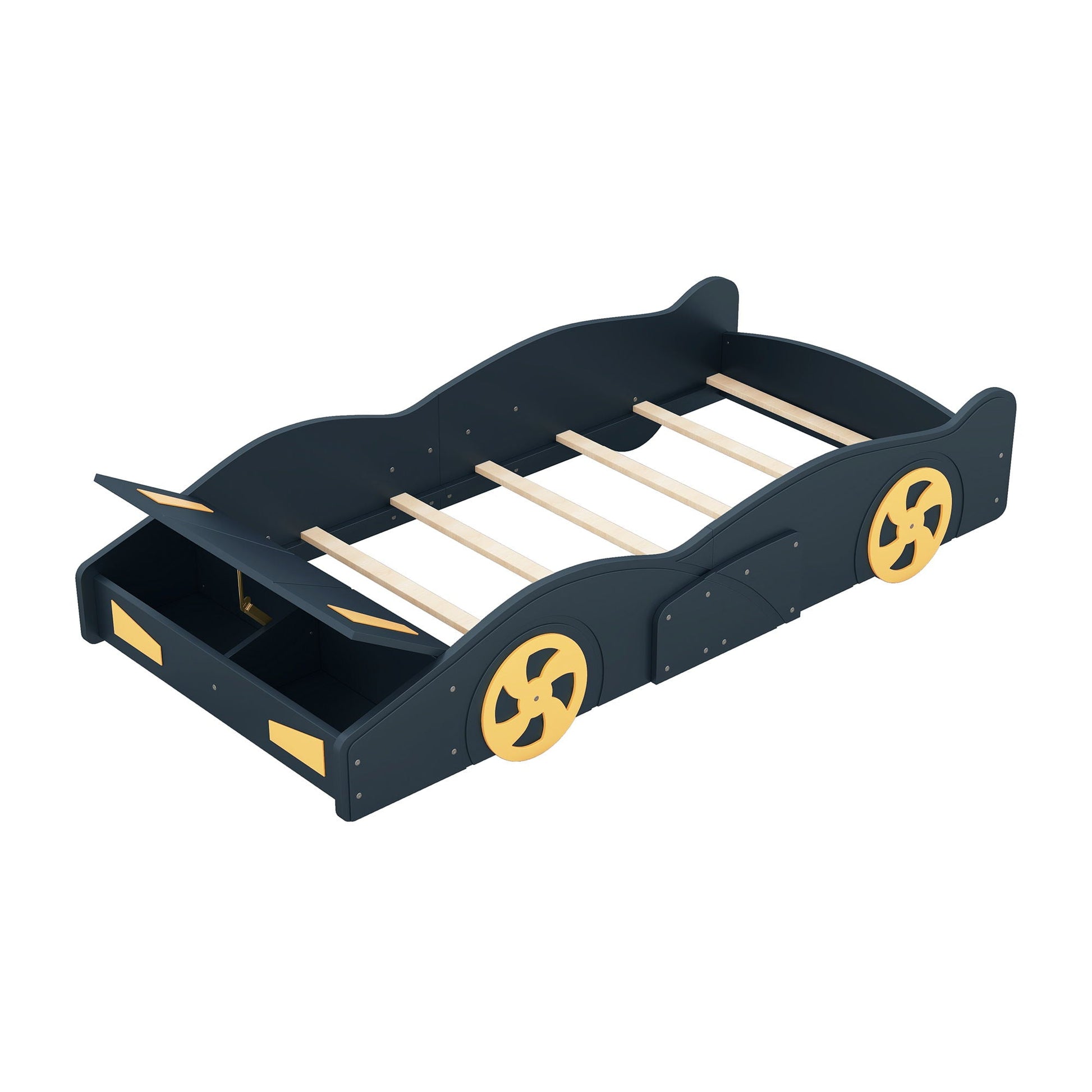 Race Car Shaped Platform Bed with Wheels and Storage by HouseOfZazla, navy with yellow wheels on Tampa Home & Garden Store