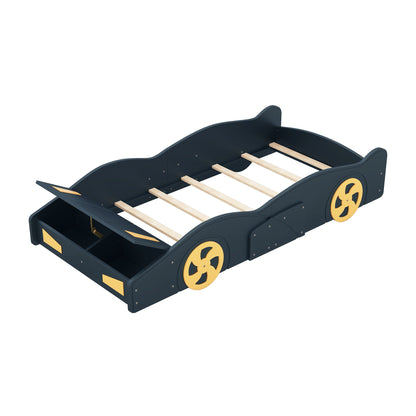 Race Car Shaped Platform Bed with Wheels and Storage by HouseOfZazla, navy with yellow wheels on Tampa Home & Garden Store