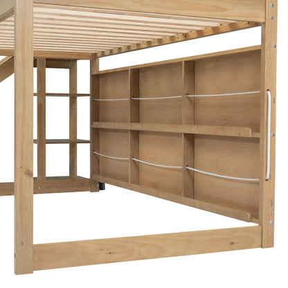 House Loft Bed with Slide and Storage Shelves