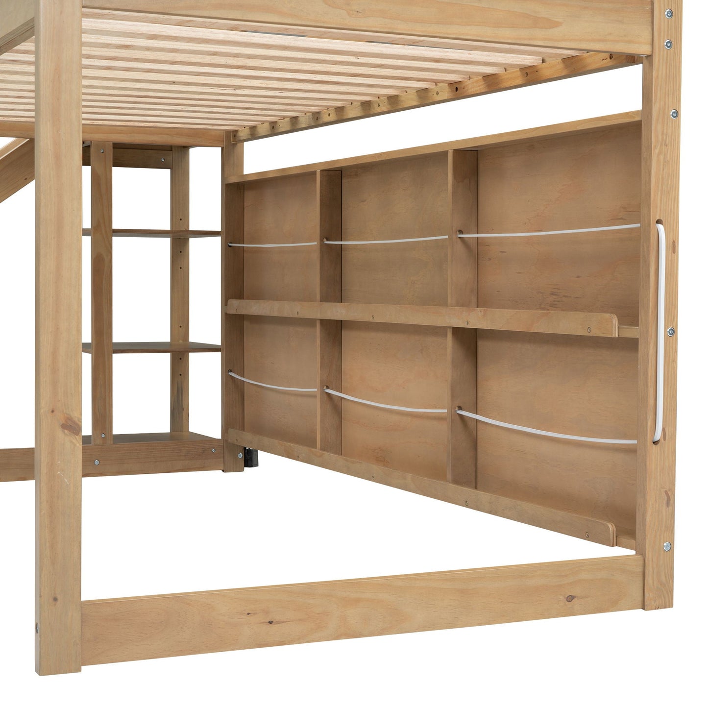 Loft bed HouseOfZazla natural wood with slatted bed base and built-in storage shelves on Tampa Home & Garden Store