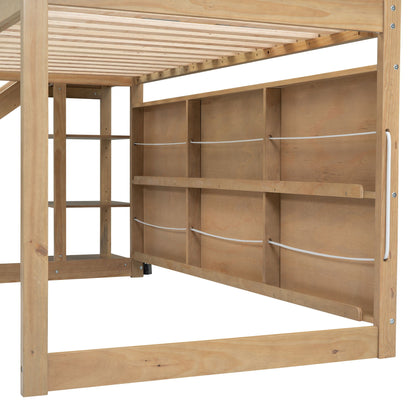 Loft bed HouseOfZazla natural wood with slatted bed base and built-in storage shelves on Tampa Home & Garden Store