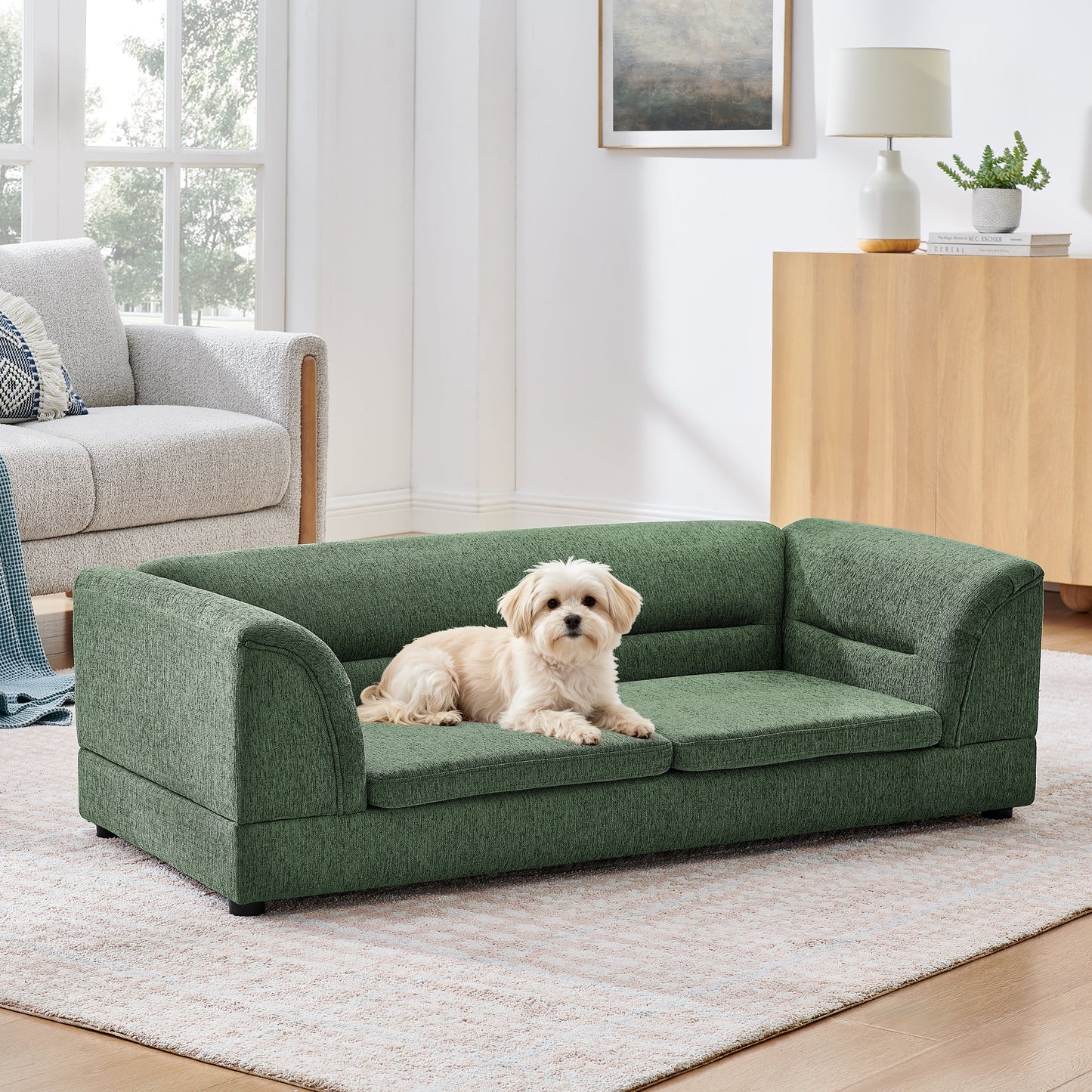 Oversized rectangular dog sofa by HouseOfZazla in green fabric with curved armrests on Tampa Home & Garden Store