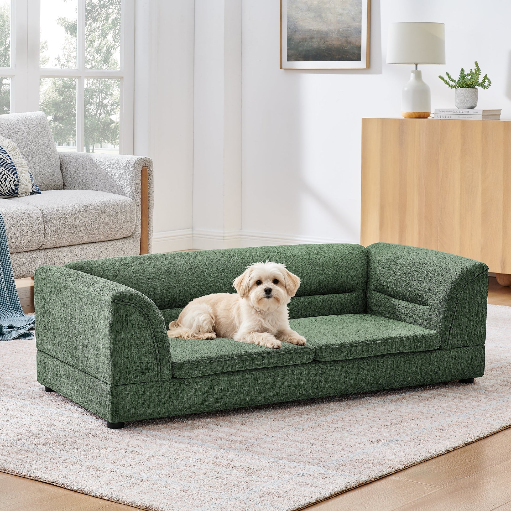 Oversized rectangular dog sofa by HouseOfZazla in green fabric with curved armrests on Tampa Home & Garden Store