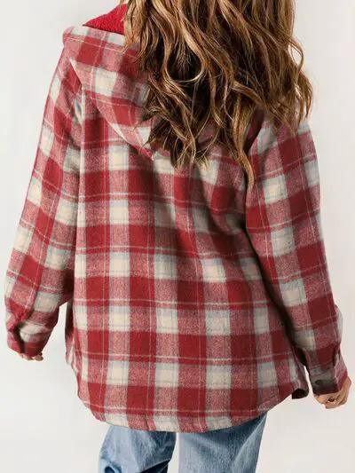 Plaid Snap Down Plush Hooded Jacket Women Warm