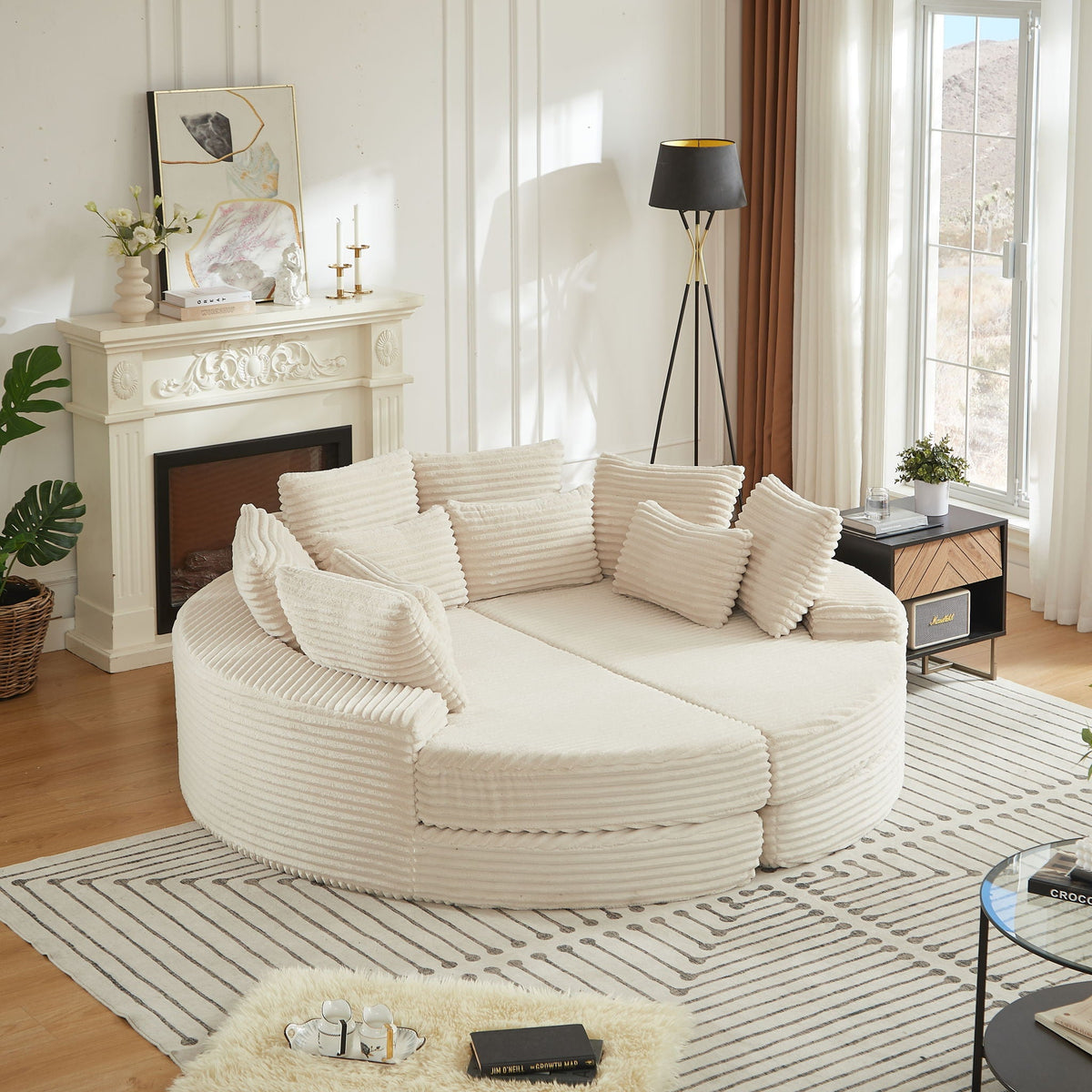 Round Oversized Sofa Bed with Throw Pillows