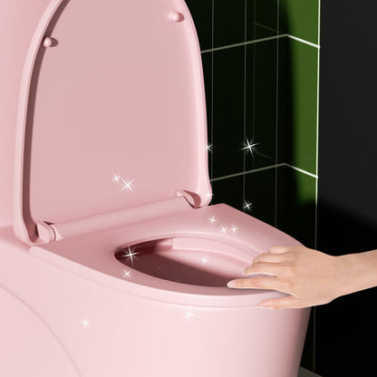 Pink one-piece toilet with open lid and glossy finish against dark tiled wall on Tampa Home & Garden Store