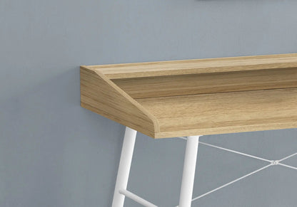 Natural wood computer desk with storage shelf and white angled legs for home office on Tampa Home & Garden Store