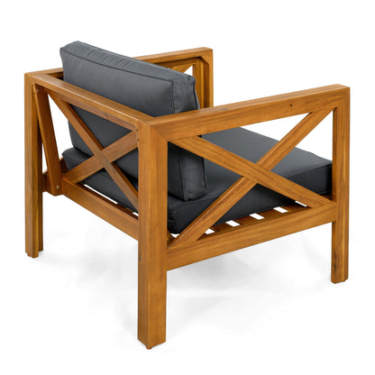 Patio conversation set with foldable acacia table and cushioned armchairs, gray cushions on Tampa Home & Garden Store