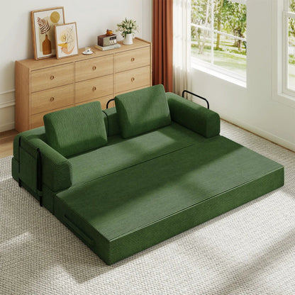 Green fixed-frame convertible sleeper futon with cylindrical pillows in a living room on Tampa Home & Garden Store