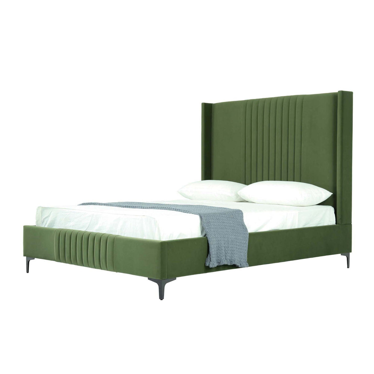 Promenade upholstered bed by HouseOfZazla in green fabric with tall tufted headboard and slats on Tampa Home & Garden Store