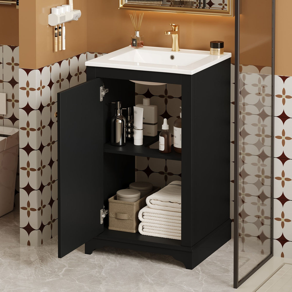 Bathroom vanity by HouseOfZazla black cabinet with white sink and gold faucet, open shelf towels on Tampa Home & Garden Store