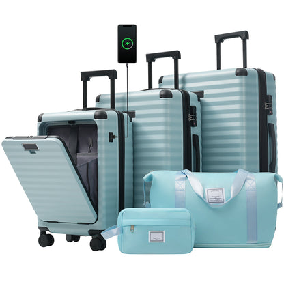 Deluxe 5-Piece Hard-Side Luggage Set by HouseOfZazla in light blue with USB and TSA locks on Tampa Home & Garden Store