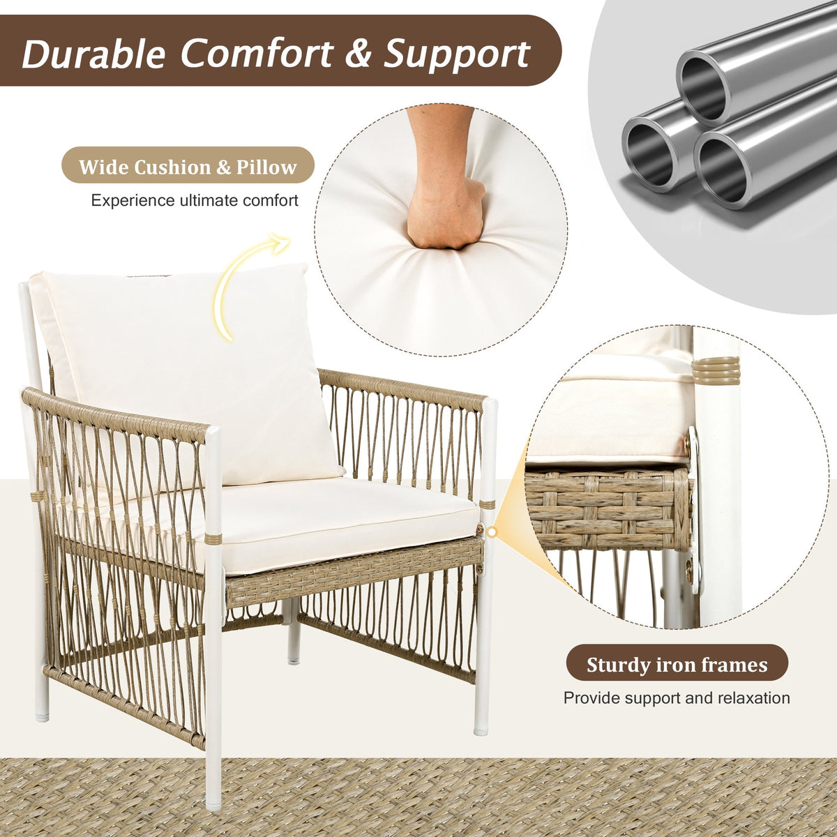 TOPMAX Patio 5pc outdoor dining set with white cushions and wicker frames on Tampa Home & Garden Store