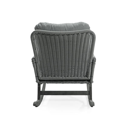 Contemporary minimalist wicker rocking chair with gray cushions and dark frame on Tampa Home & Garden Store