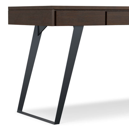 Handcrafted Acacia Desk with Drawer Storage, dark brown finish, metal legs on Tampa Home & Garden Store