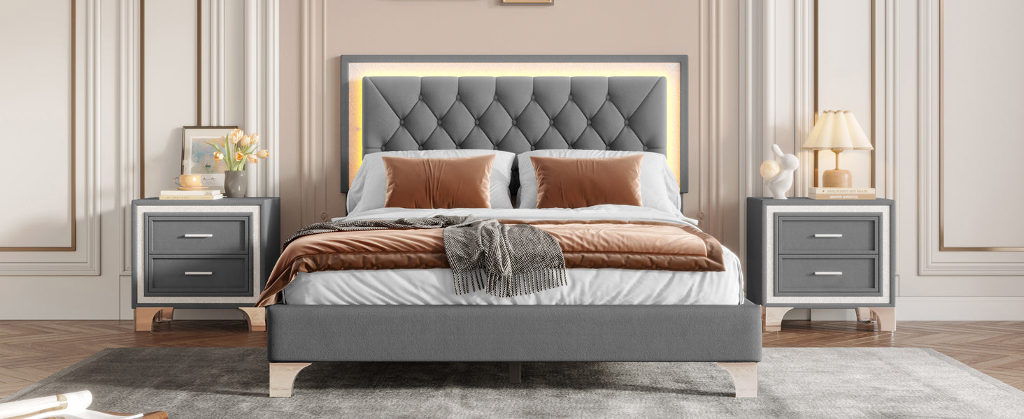 Bedroom Set Queen Upholstered Bed with LED Headboard and 2 Nightstands Gray HouseOfZazla on Tampa Home & Garden Store