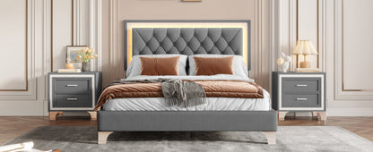 Bedroom Set Queen Upholstered Bed with LED Headboard and 2 Nightstands Gray HouseOfZazla on Tampa Home & Garden Store