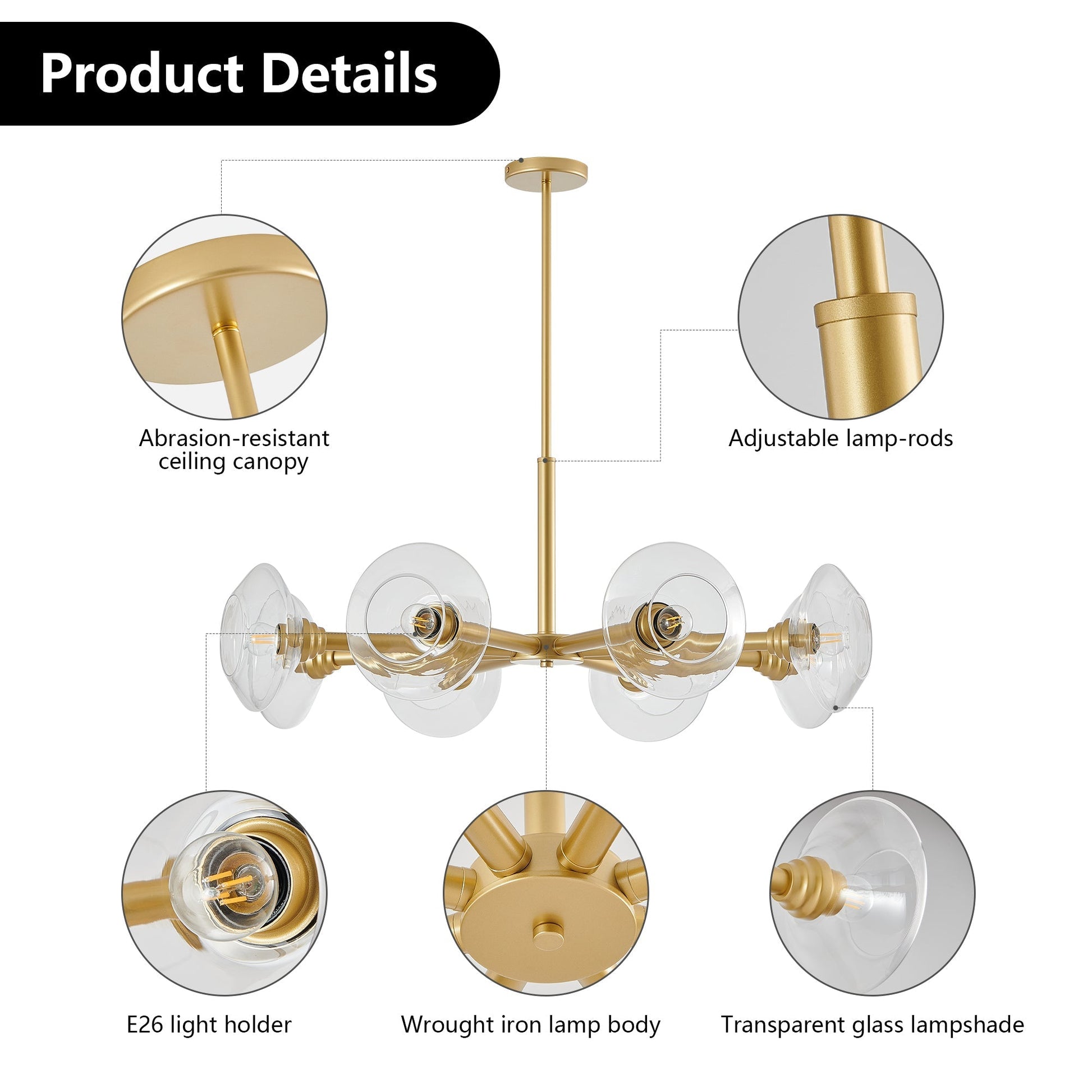 Chandelier 36in modern gold 8-light Sputnik with clear glass shades HouseOfZazla on Tampa Home & Garden Store