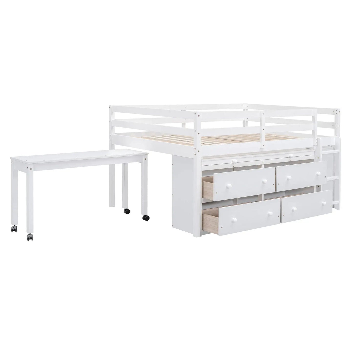 White loft bed with retractable desk, 4 drawers, and side mobile desk on Tampa Home & Garden Store