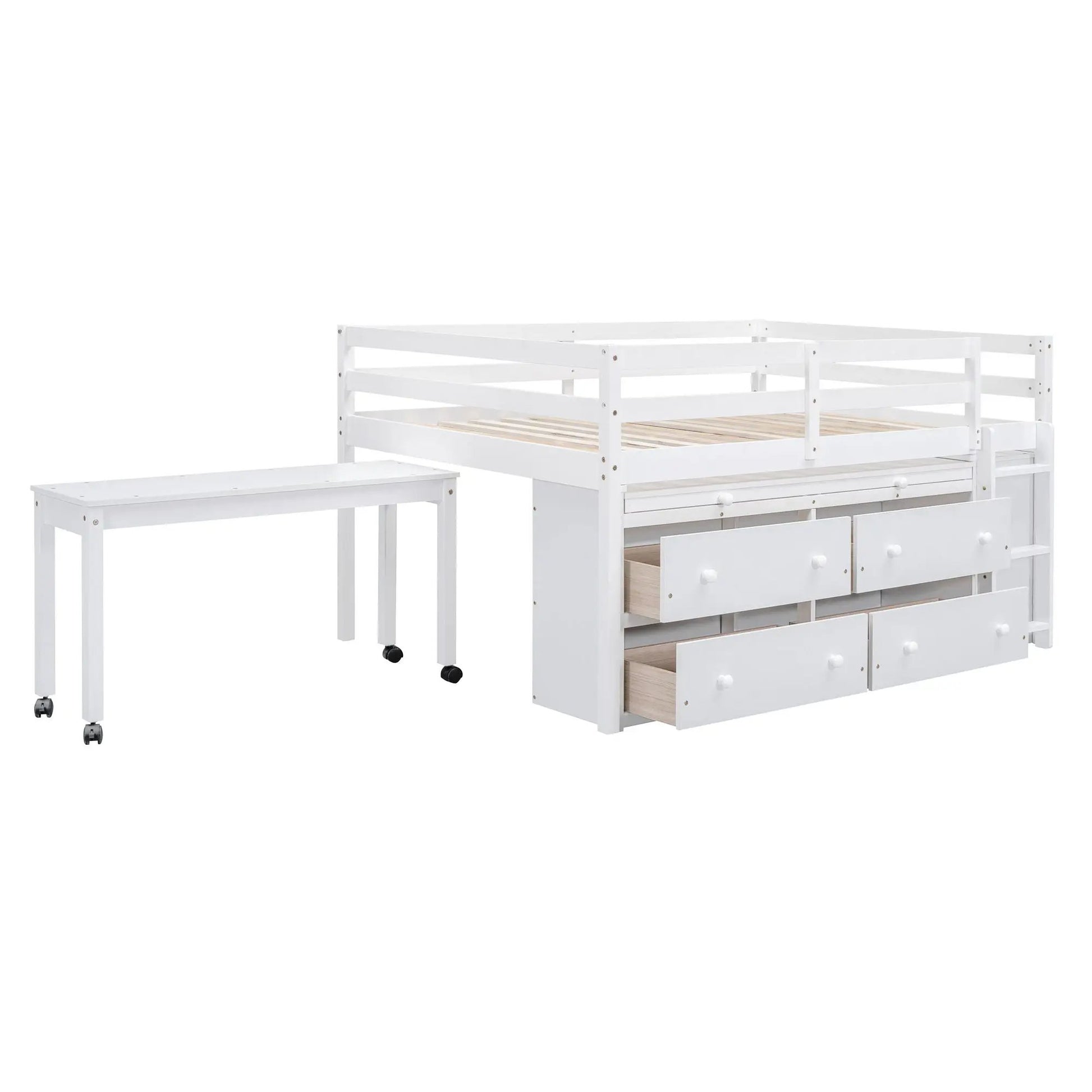 White loft bed with retractable desk, 4 drawers, and side mobile desk on Tampa Home & Garden Store