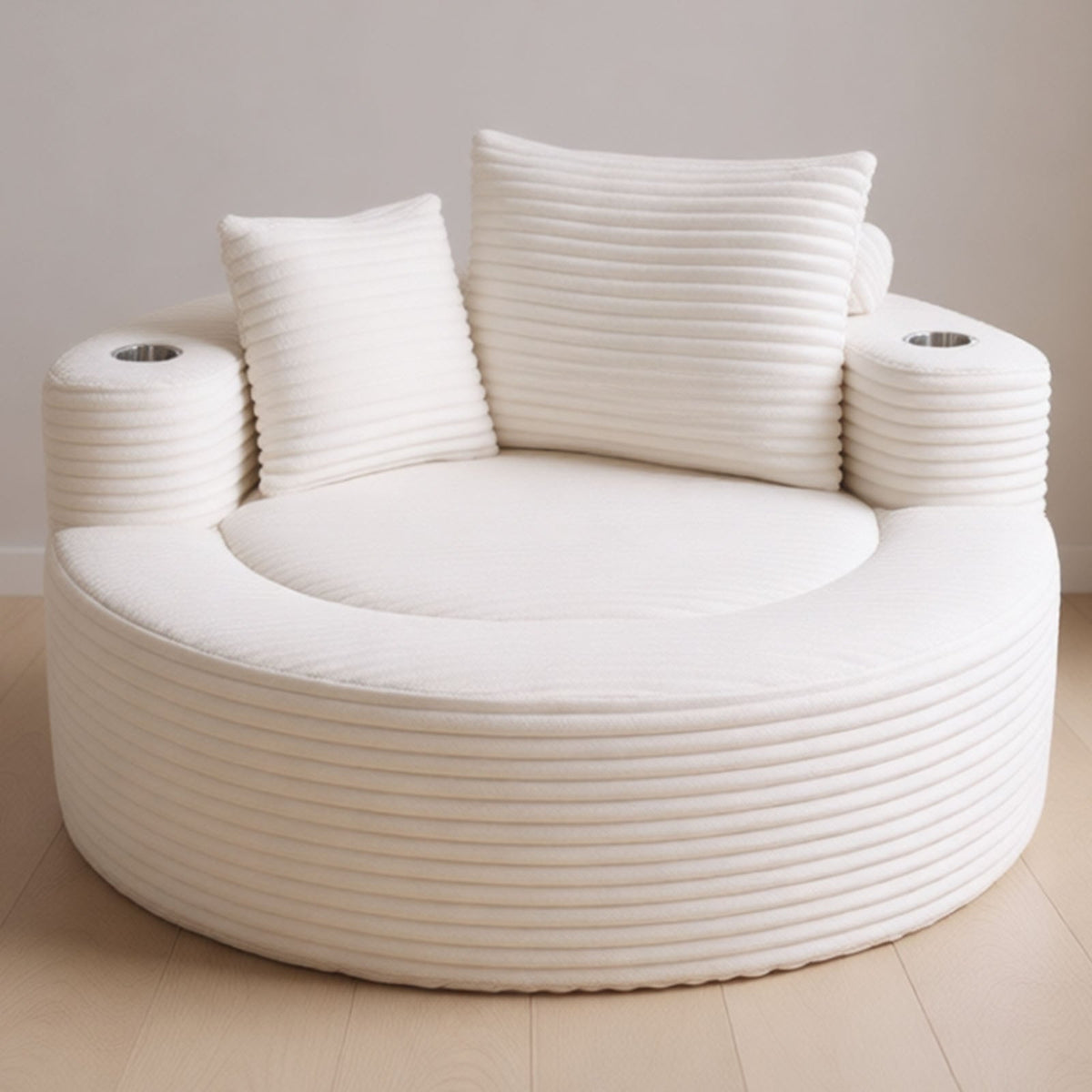 Round sofa bed with memory foam cushions in white and built-in cup holders by HouseOfZazla on Tampa Home & Garden Store