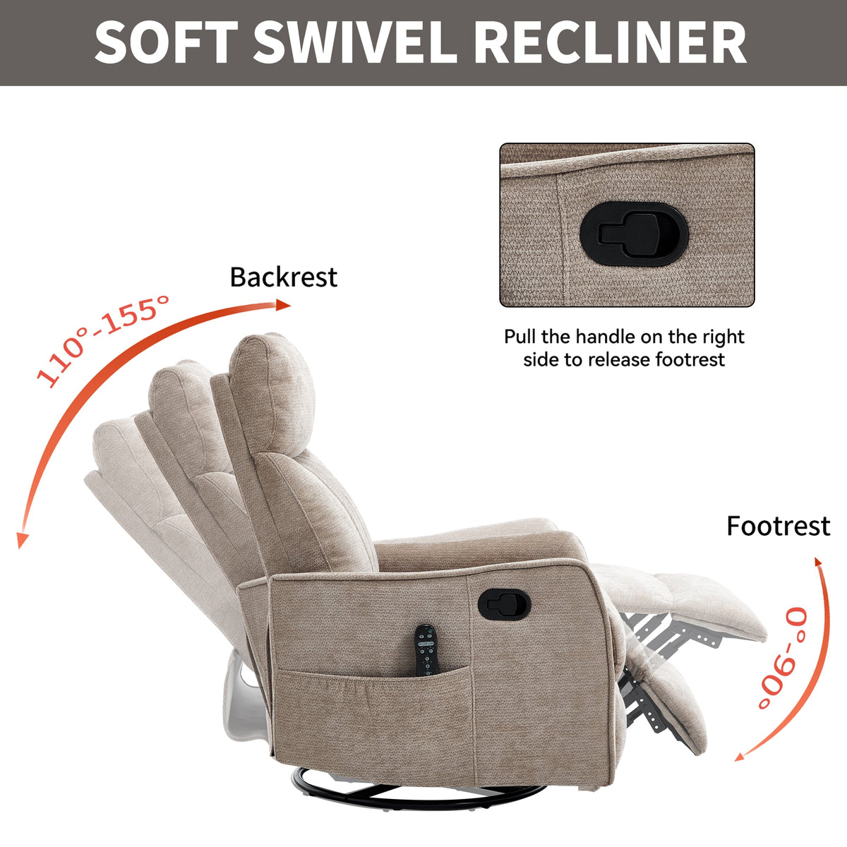 Khaki Heat Massage Recliner Chair and Swivel