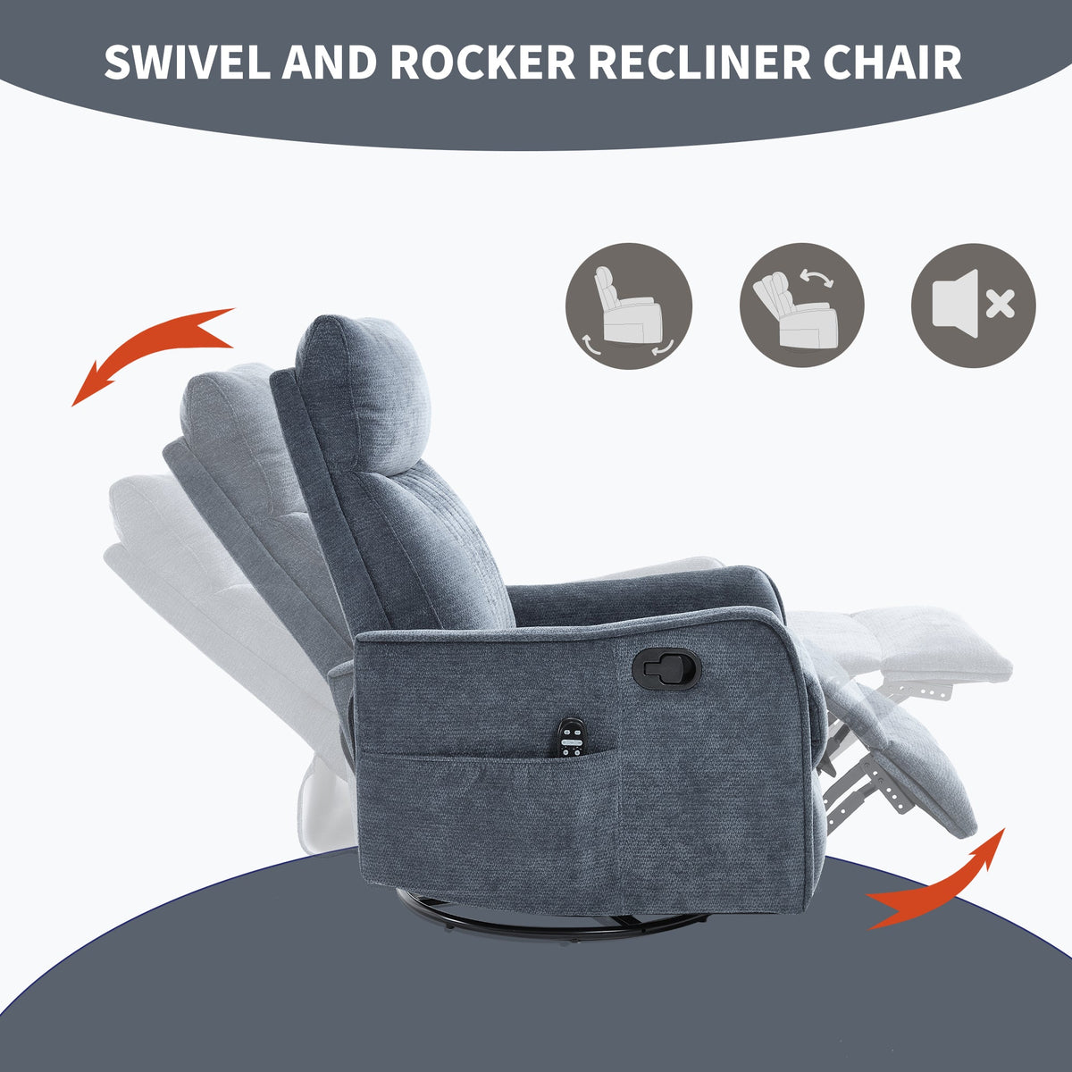 Blue Heat Massage Manual Recliner Chair by HouseOfZazla in denim-blue fabric with recline lever on Tampa Home & Garden Store