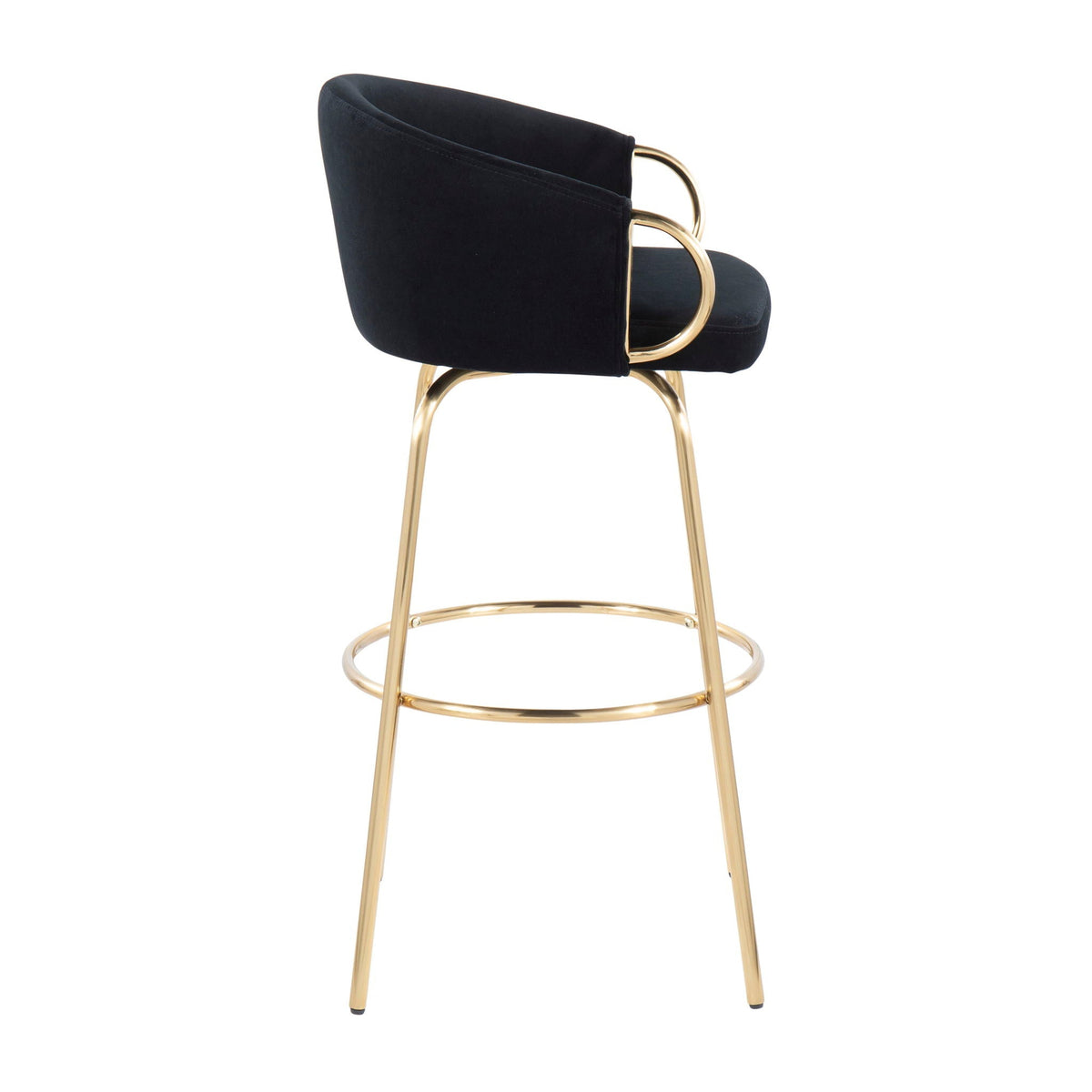Claire Contemporary fixed-height bar stool in black velvet with gold metal frame and footrest on Tampa Home & Garden Store