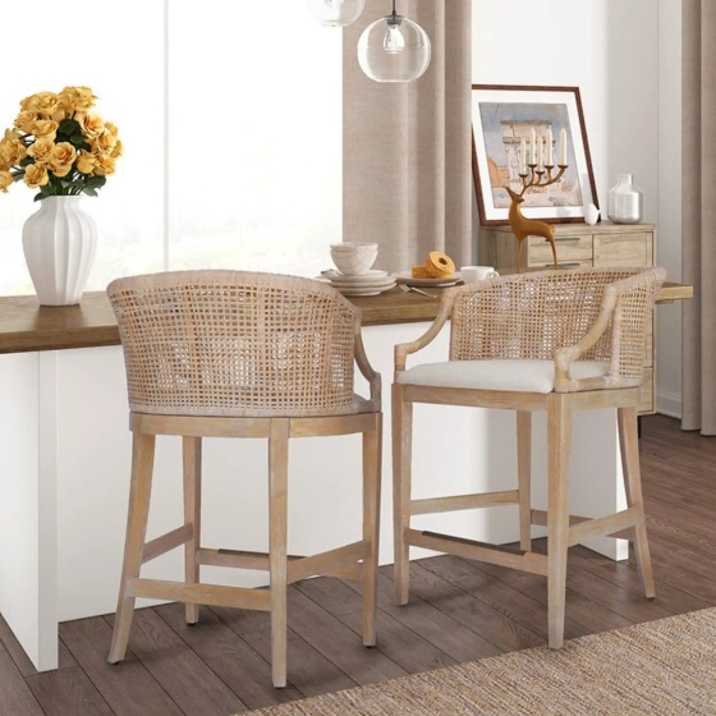 Casual Rattan Counter Stool With Solid Wood Legs