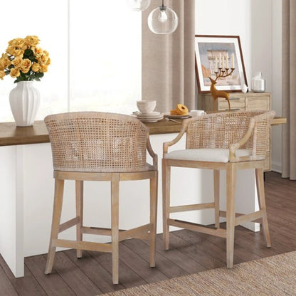 Casual Rattan Counter Stool With Solid Wood Legs