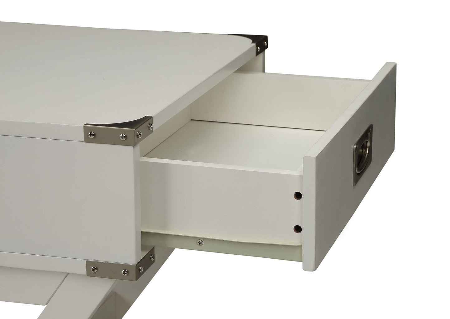 Babs accent table white finish with open drawer and metal corner brackets by HouseOfZazla on Tampa Home & Garden Store
