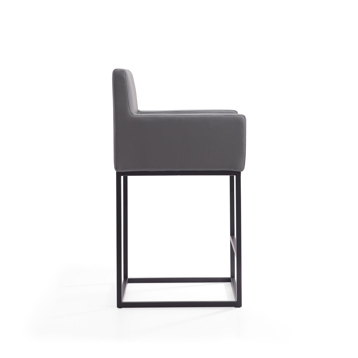 Ambassador counter stool with square black frame and dark gray upholstery with armrests on Tampa Home & Garden Store