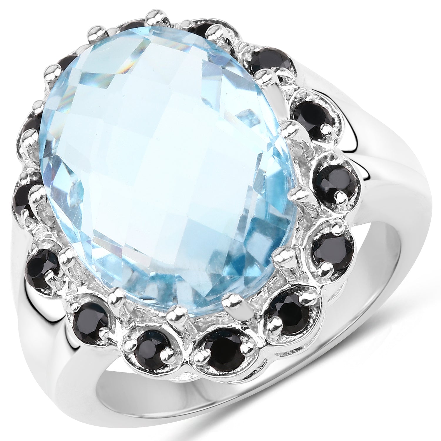 Sterling silver ring with 12.49ct blue topaz and black spinel halo on Tampa Home & Garden Store