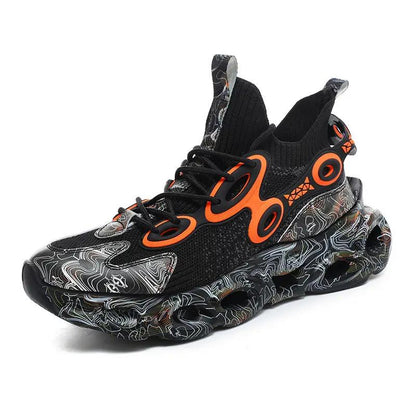 New Galaxy Blade Sneaker black knit upper with orange accents and marbled sole on Tampa Home & Garden Store