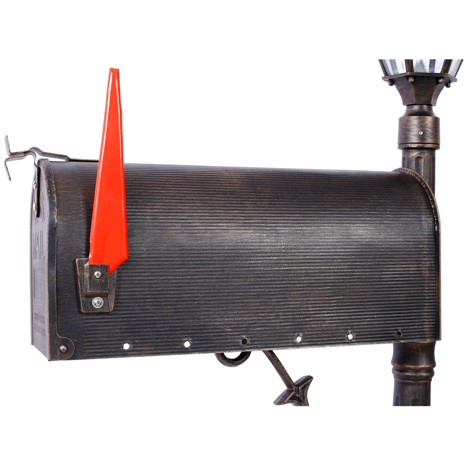 Stratford heavy-duty cast aluminum mailbox with brown post and solar lantern light on Tampa Home & Garden Store