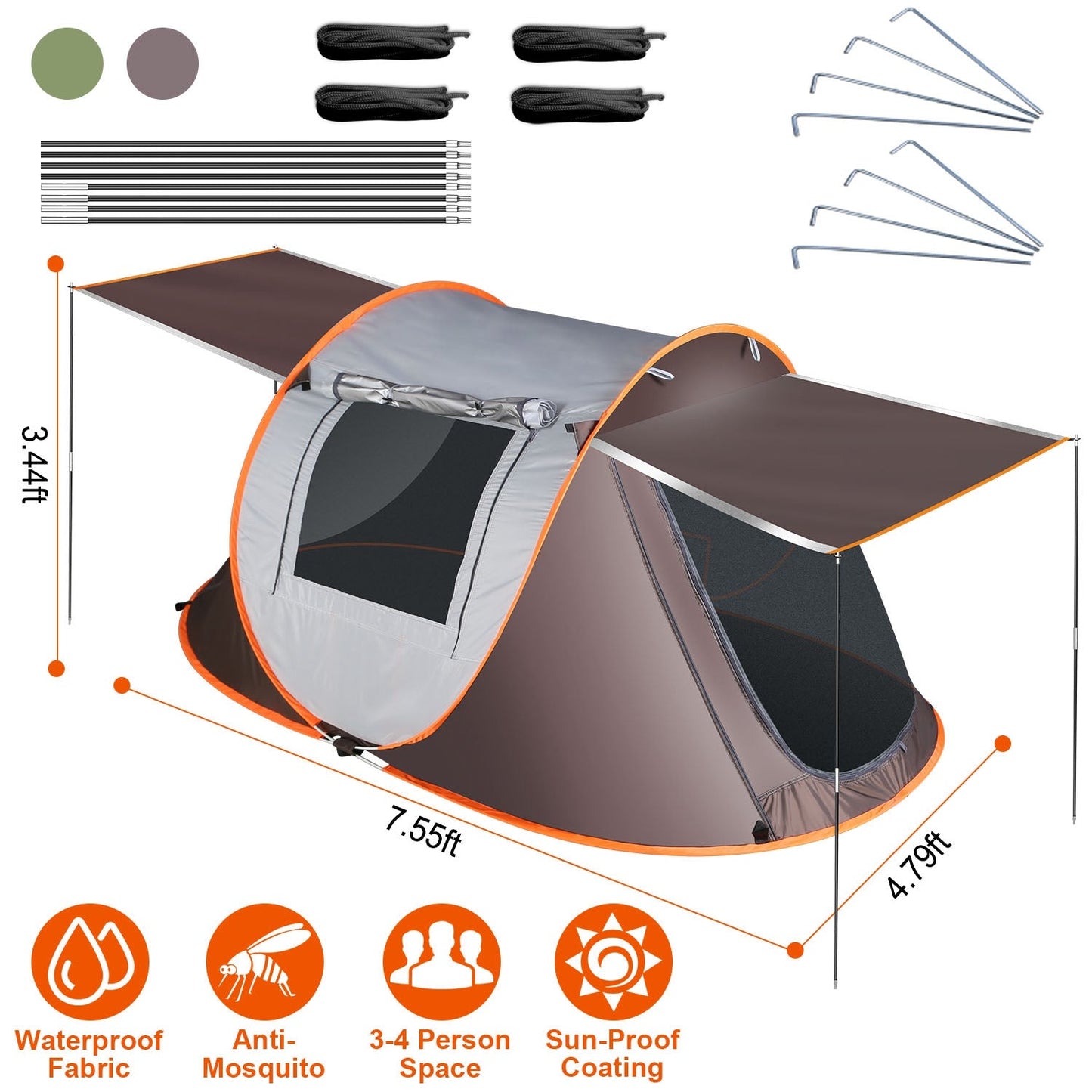 GemGear 3-4 Person Pop Up Tent orange trim waterproof fabric anti-mosquito mesh windows on Tampa Home & Garden Store