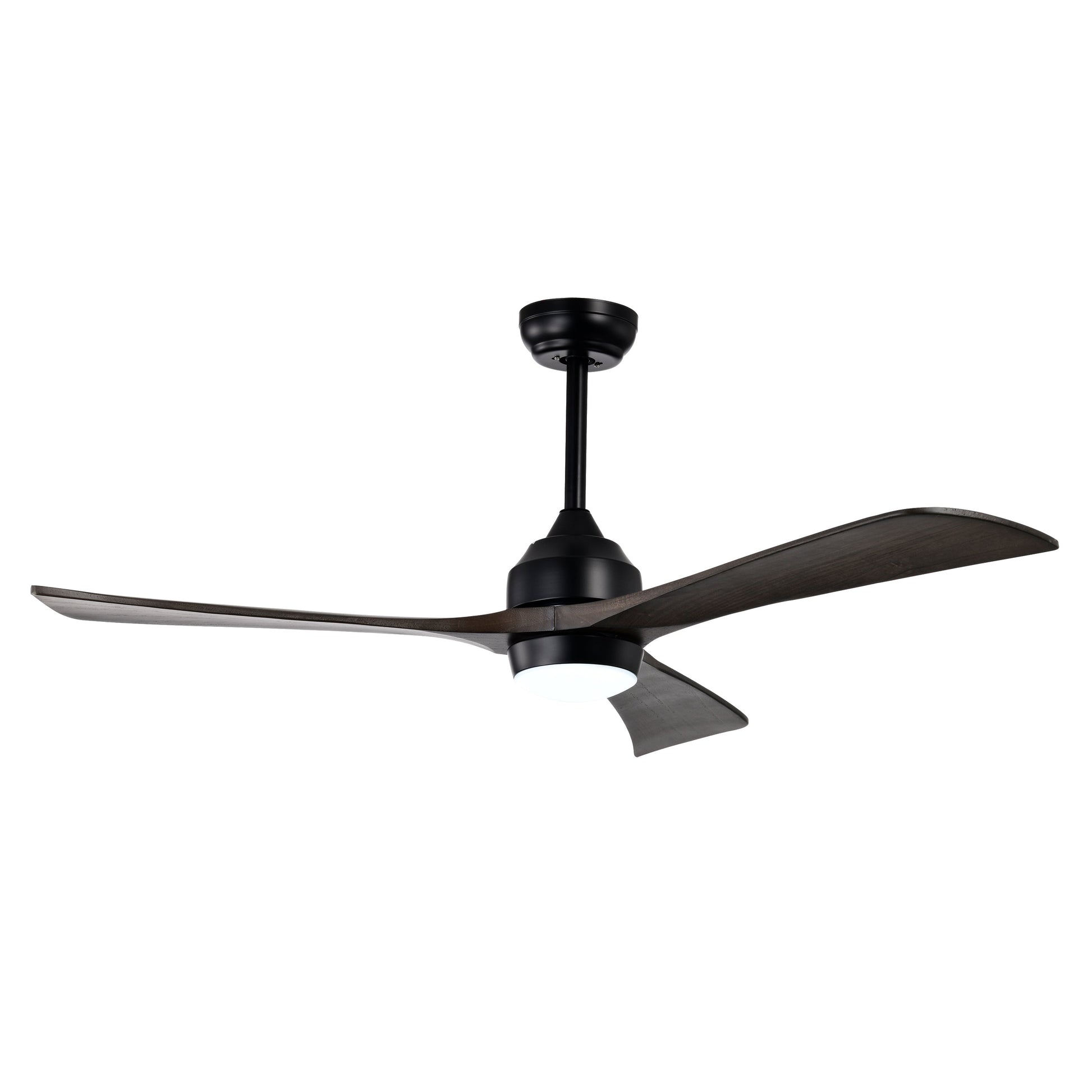 52-inch ceiling fan with solid wood blades, black motor housing, light kit with white globe on downrod on Tampa Home & Garden Store