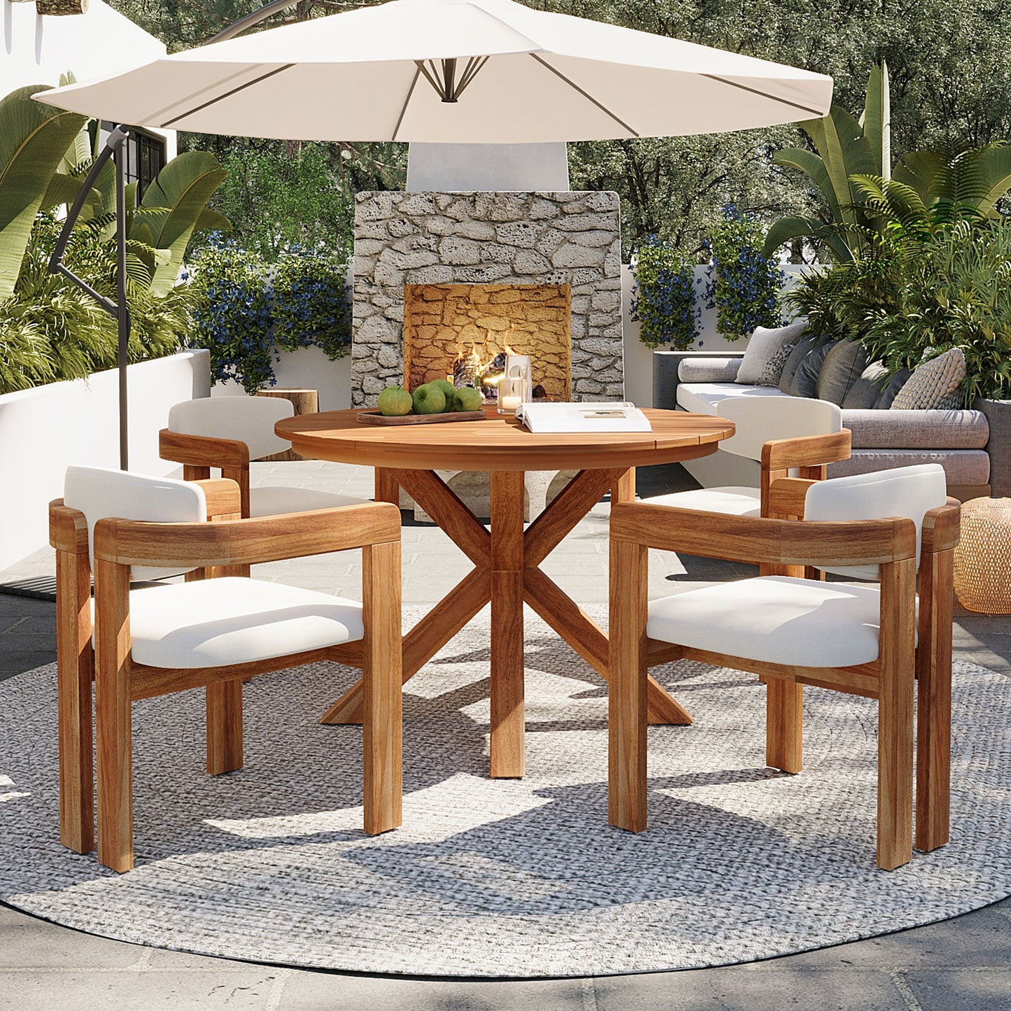 5-Piece outdoor acacia wood round dining set with white cushions under a large beige umbrella on Tampa Home & Garden Store