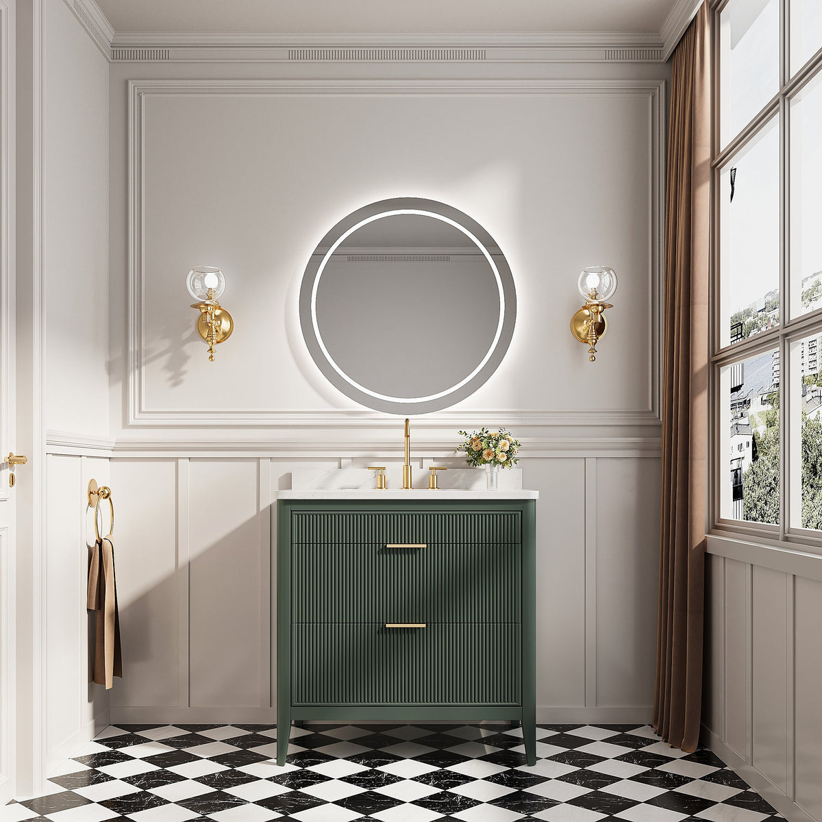 36-inch solid wood bathroom vanity with grey-green ribbed doors and marble top on Tampa Home & Garden Store
