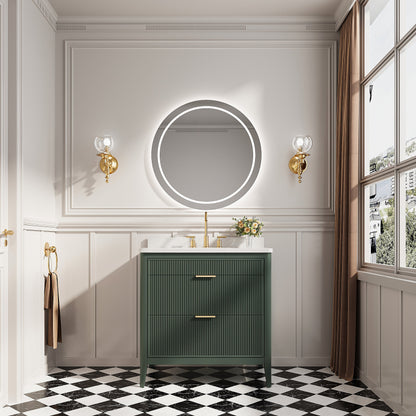 36-inch solid wood bathroom vanity with grey-green ribbed doors and marble top on Tampa Home & Garden Store