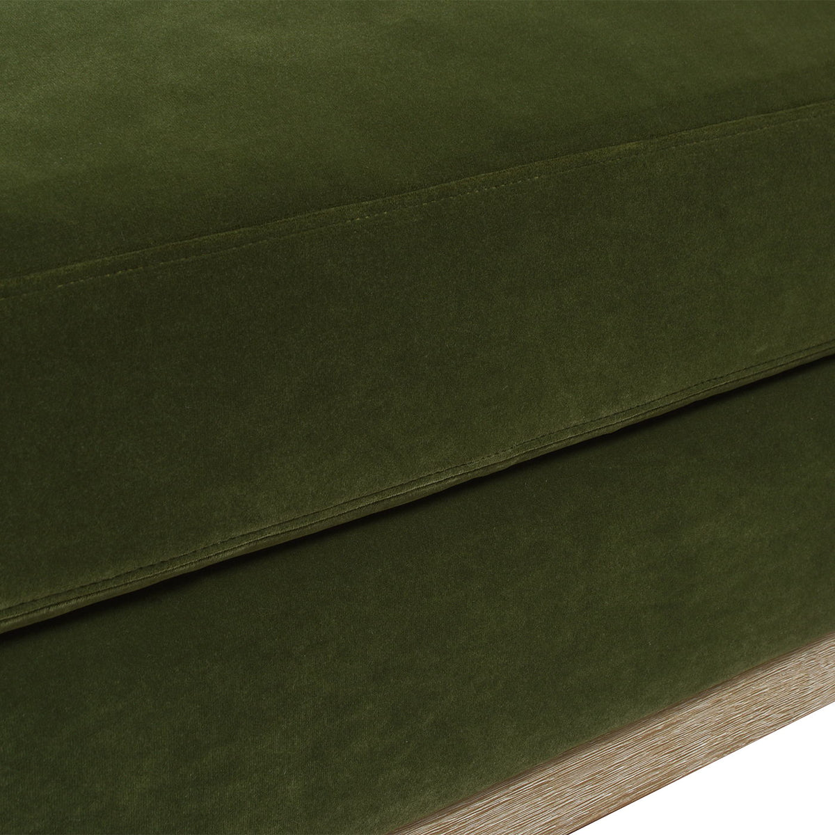 Modern farmhouse chaise lounge chair upholstery in olive green fabric with wood base on Tampa Home & Garden Store