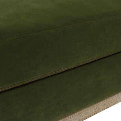 Modern farmhouse chaise lounge chair upholstery in olive green fabric with wood base on Tampa Home & Garden Store