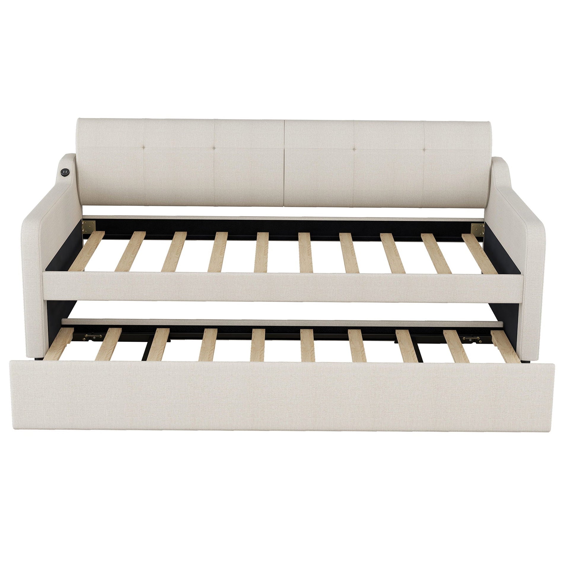 Upholstered daybed with trundle and USB charging in beige fabric, HouseOfZazla on Tampa Home & Garden Store