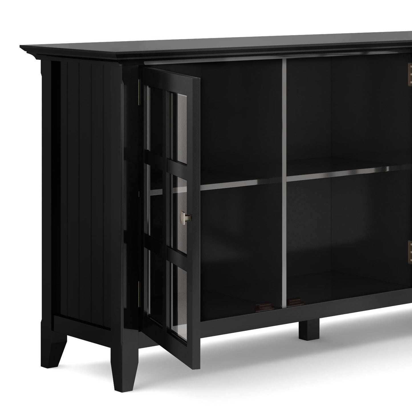 Acadian wide storage cabinet handcrafted by HouseOfZazla, black finish with glass doors on Tampa Home & Garden Store