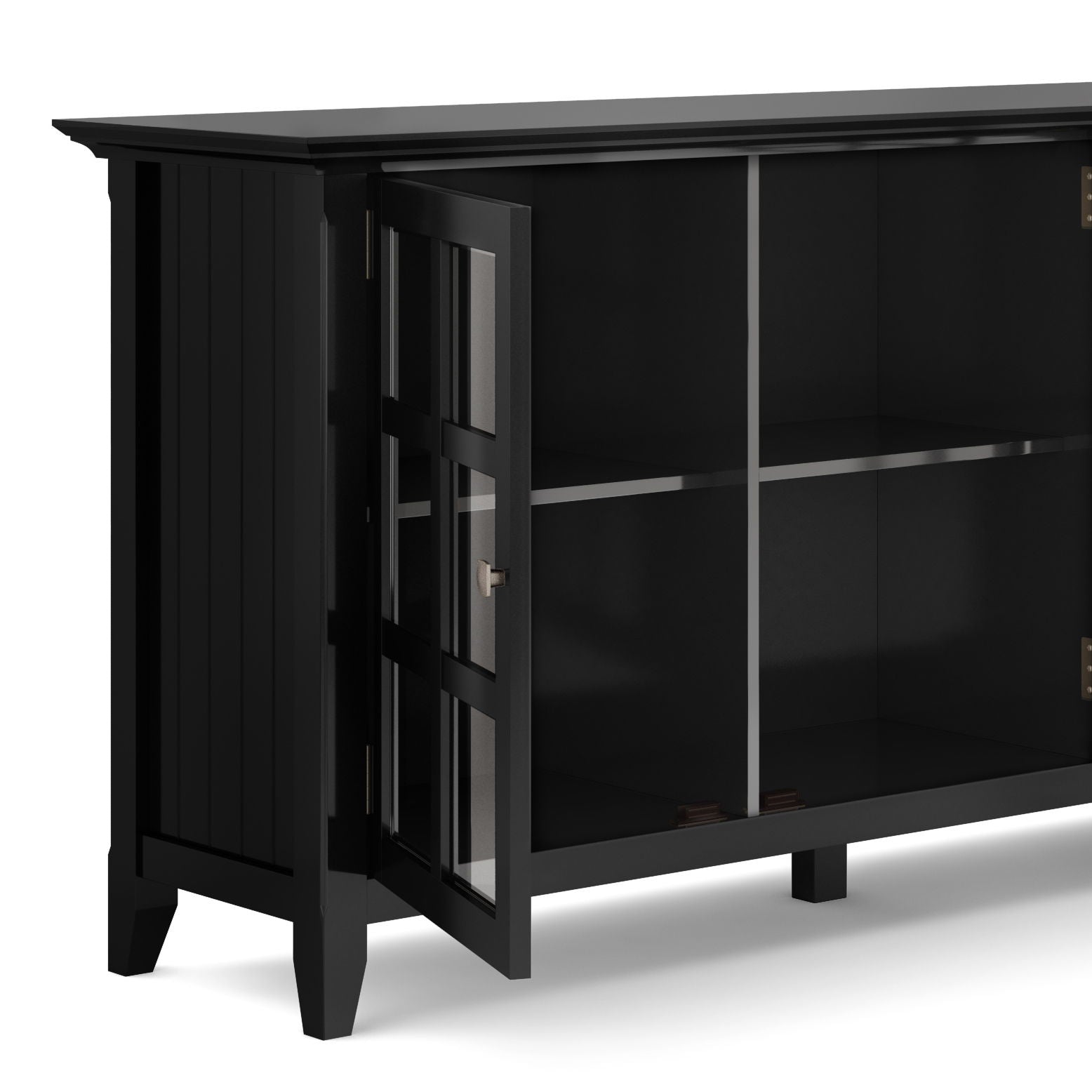 Acadian wide storage cabinet handcrafted by HouseOfZazla, black finish with glass doors on Tampa Home & Garden Store