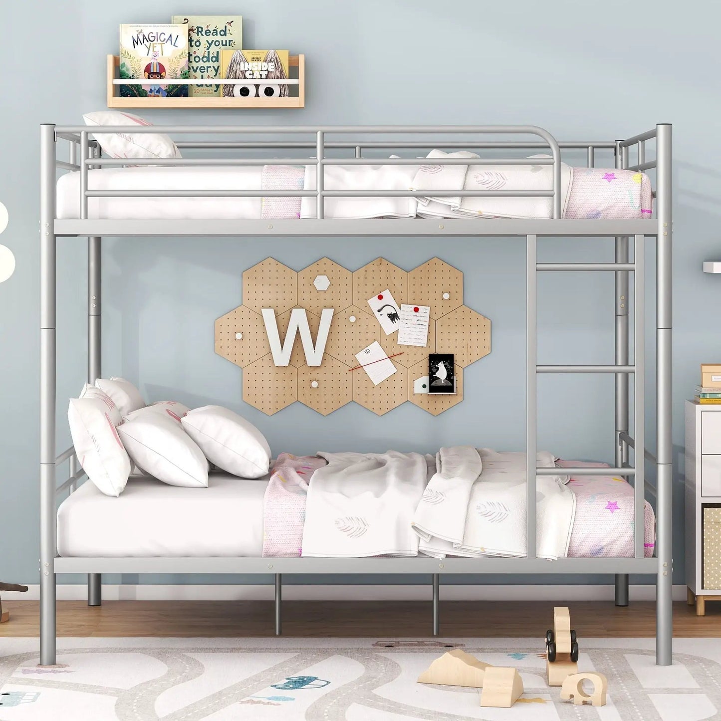 Steel construction bunk bed in silver-grey metal with guard rails by Unique Piece Furniture on Tampa Home & Garden Store