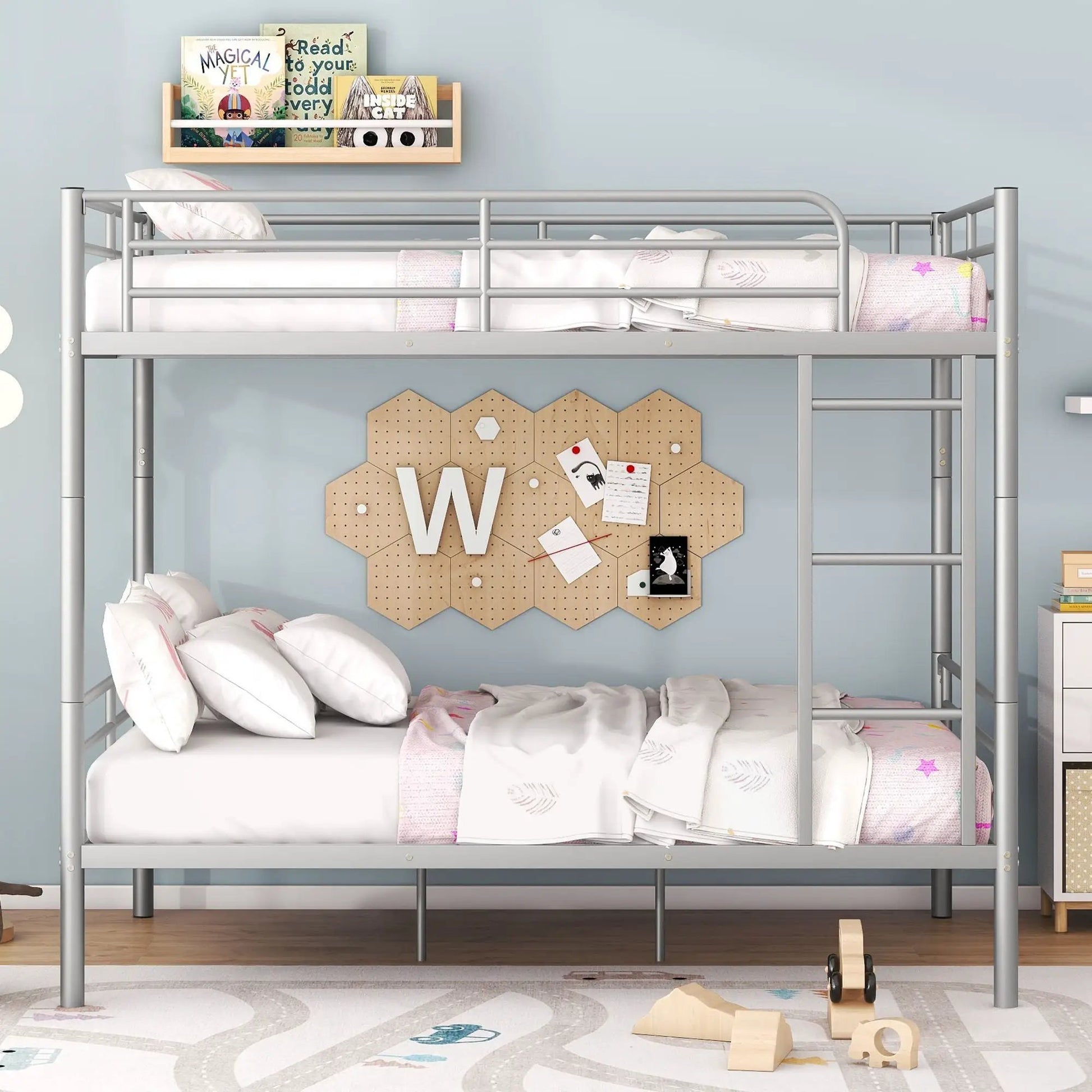 Steel construction bunk bed in silver-grey metal with guard rails by Unique Piece Furniture on Tampa Home & Garden Store