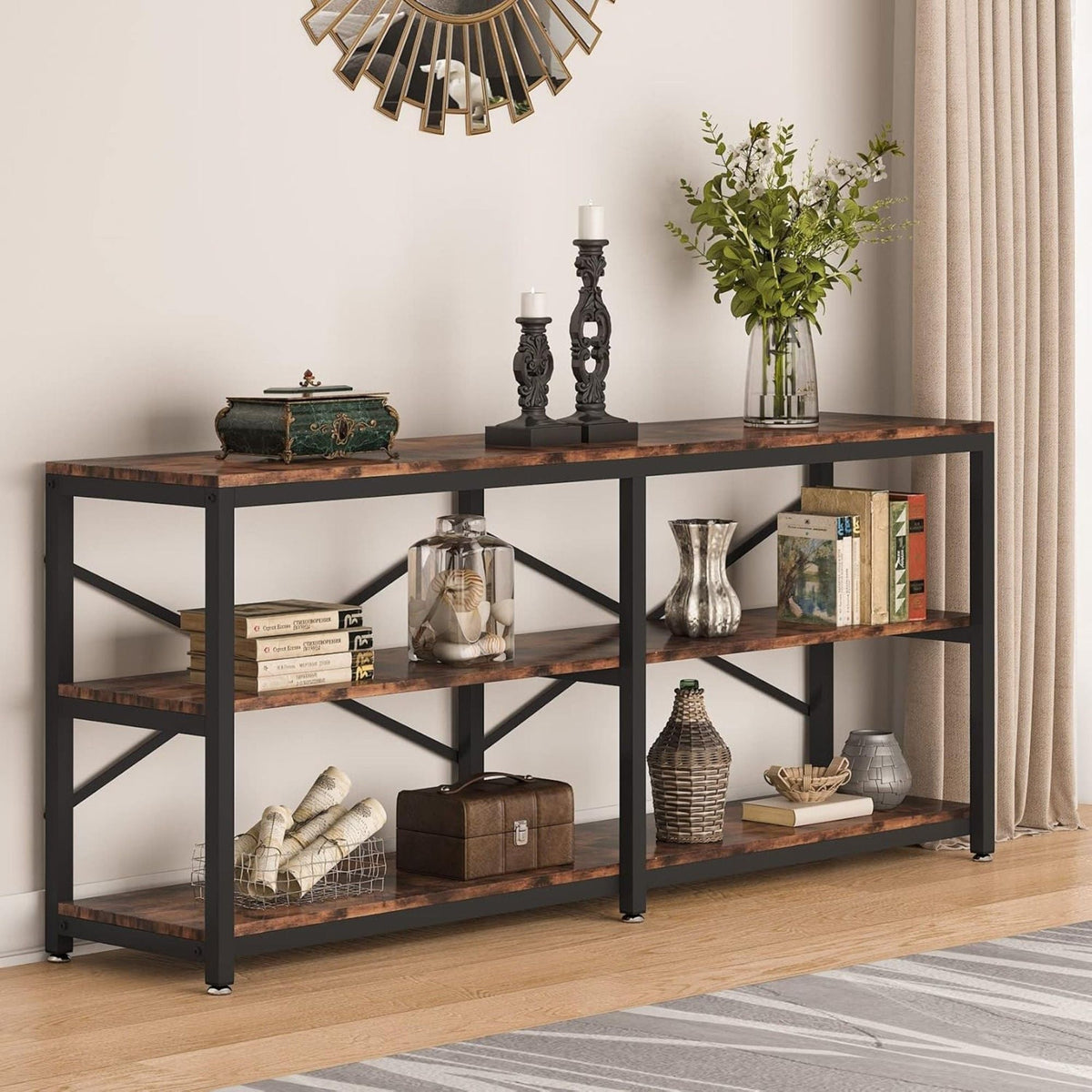 Extra long console table with X-back design, 3-tier storage, dark top by HouseOfZazla on Tampa Home & Garden Store