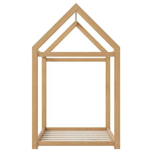 Wooden house-shaped bed frame for platform bed with slatted base in natural timber on Tampa Home & Garden Store
